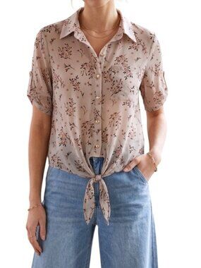 Ember Pink Floral Sheer Waist Tie Buttoned Boho Cottage Chic Blouse Small